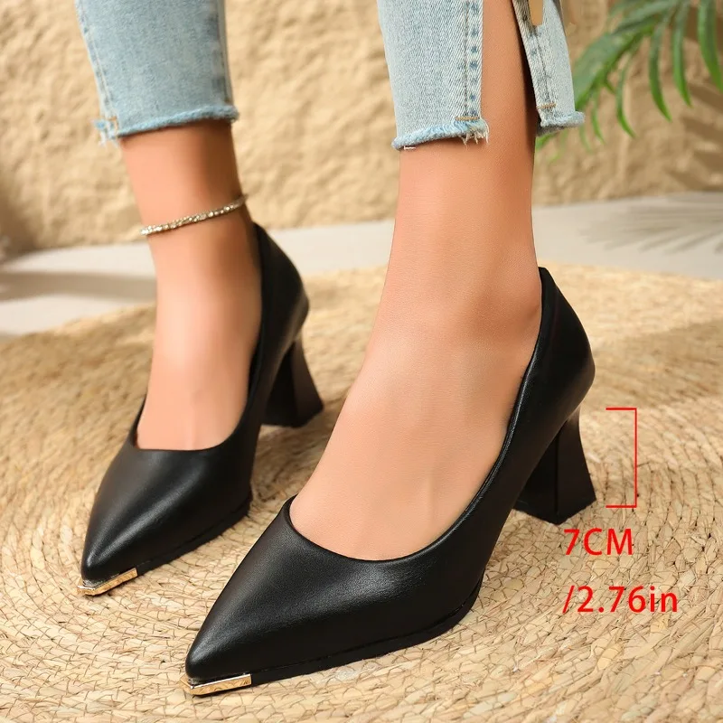 New Women's Spring and Autumn Pointed French Style Non Tiring Shoes with Thick Heels and Elegant Single Shoes
