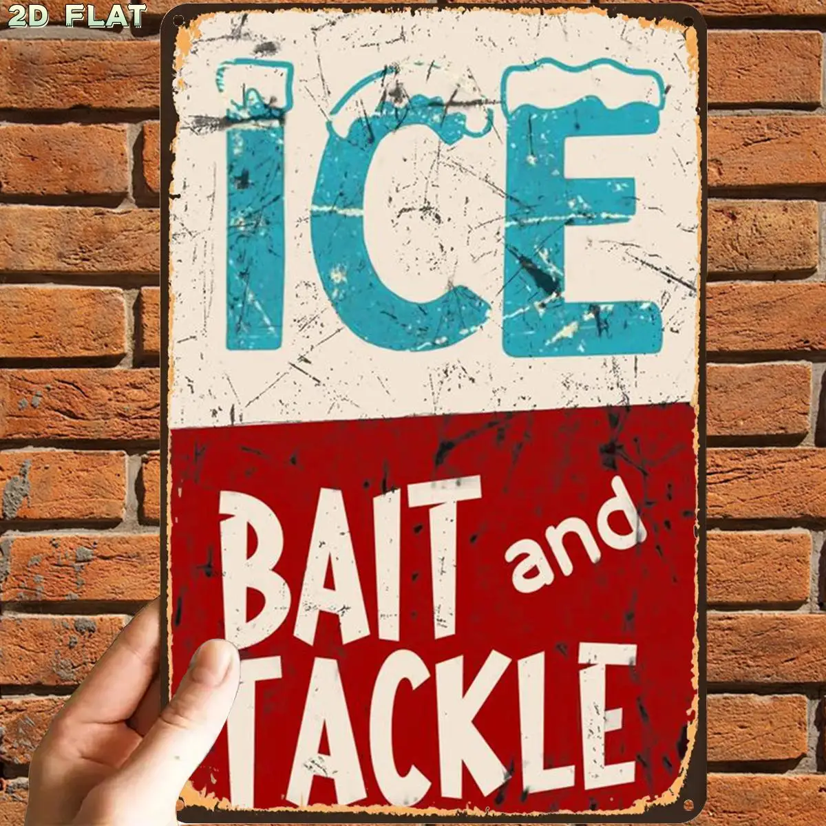 2D Flat, 1pc, Retro Vintage Ice Fishing Bait And Tackle Metal Sign, with Pre-Drilled Holes, Ideal for Indoor, Garden, Outdoor, A