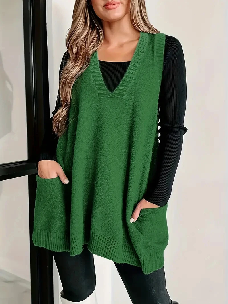

Casual V-neck pocket vest, slimming loose knitted vest