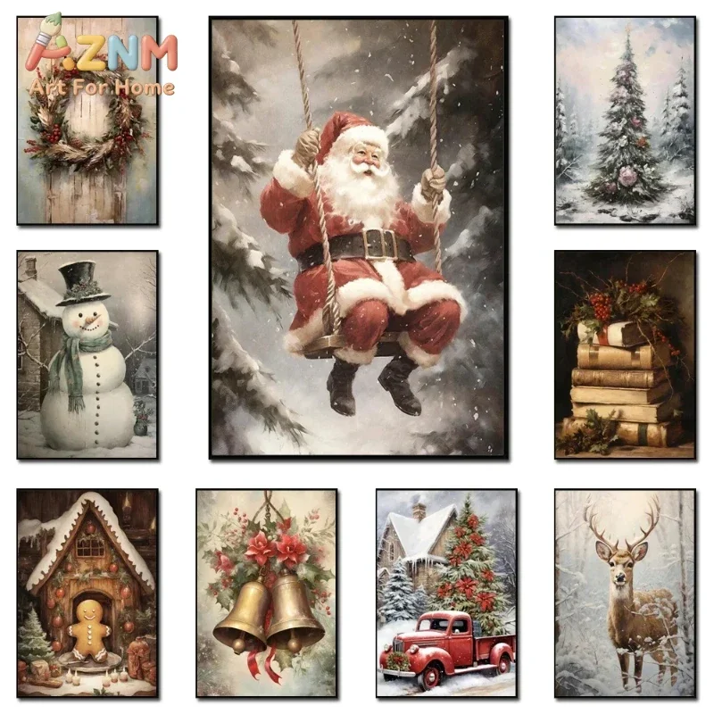 AZNM Vintage Santa Claus Snowman Reindeer Christmas Canvas Wall Art, Rustic Winter Holiday Frameless Canvas Print Poster for Hom