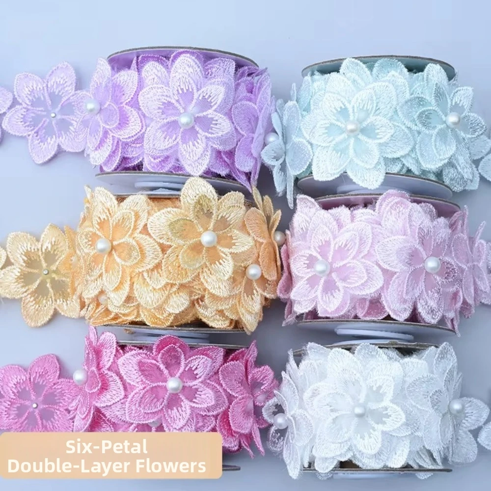 Colorful Flower Organza Ribbon 1 Yard Organza Lace Trim Ribbon Double-layer Six-petal Flower Lace Trim Fabric