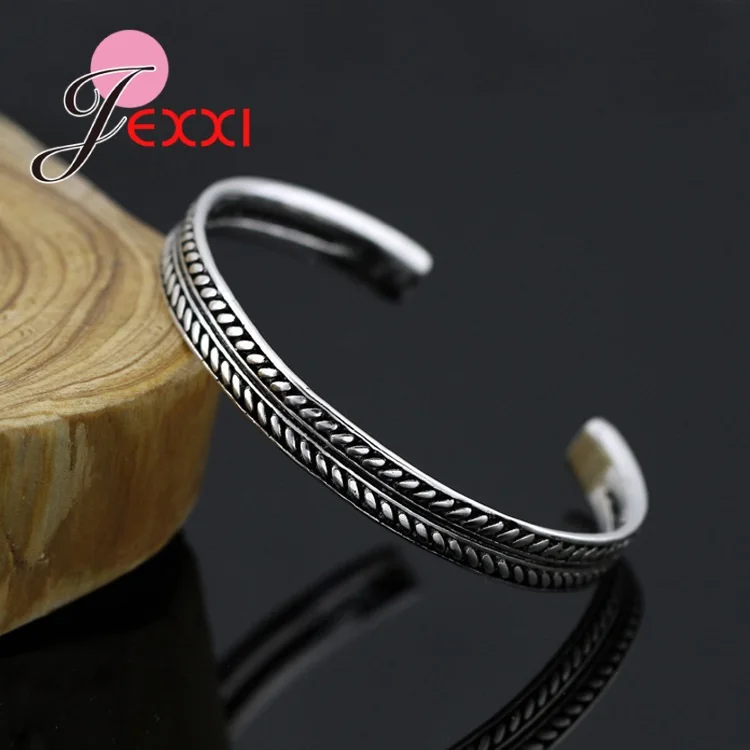 New Trendy Genuine 925 Sterling Silver Color Feather Leaves Imprint Open Bangles For Women Girls Bracelet Luxury Jewelry Bijoux