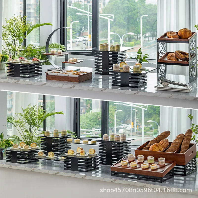 Chinese Wooden Buffet Dessert Table Ornament Display Stand Cake Dim Sum Shelf Cold Food Party Tea Break Table Set
