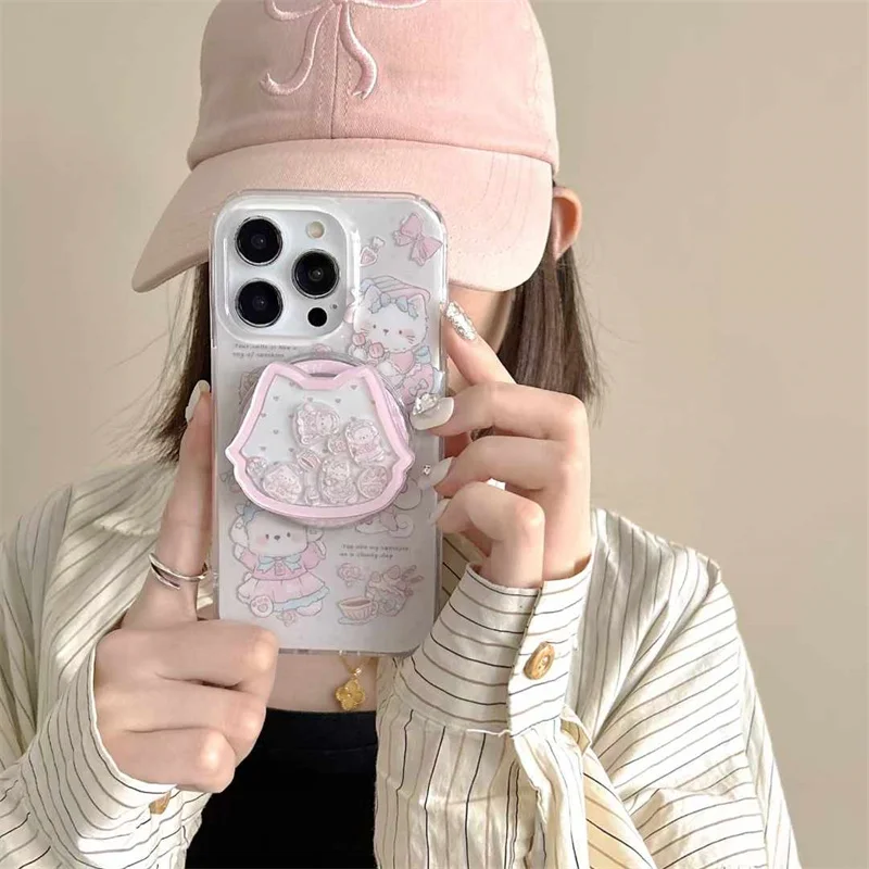 Funda de teléfono de doble capa con conejo y gato Rosa, con el mismo soporte magnético de vibración, para iPhone 12, 13, 14, 15, 16 pro max