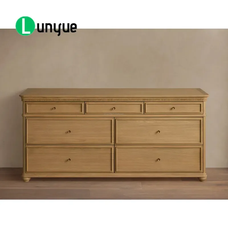 7 Drawer Wide Dresser White Oak Bedroom Storage Cabinet with Antique Brass Handles Slow Closing Drawers for Home Organization
