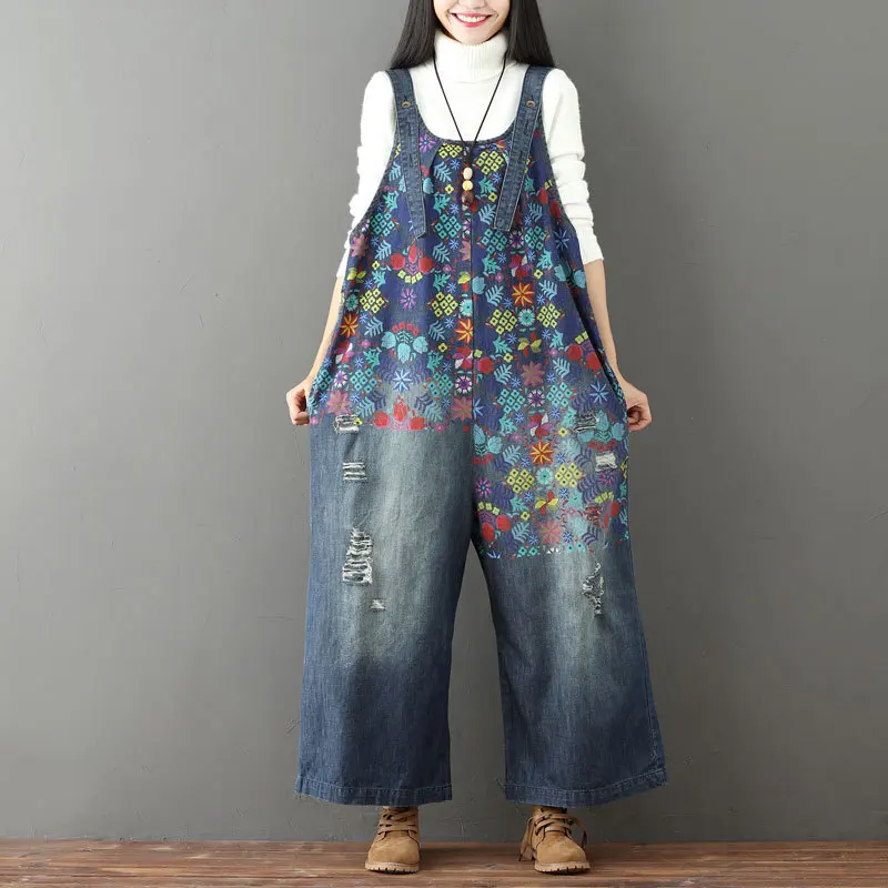 

Jean Women Overalls Washed Denim Bleached Wide Leg Pants Hole Ripped Ankle Length Jeans Distressed Pockets Print Casual