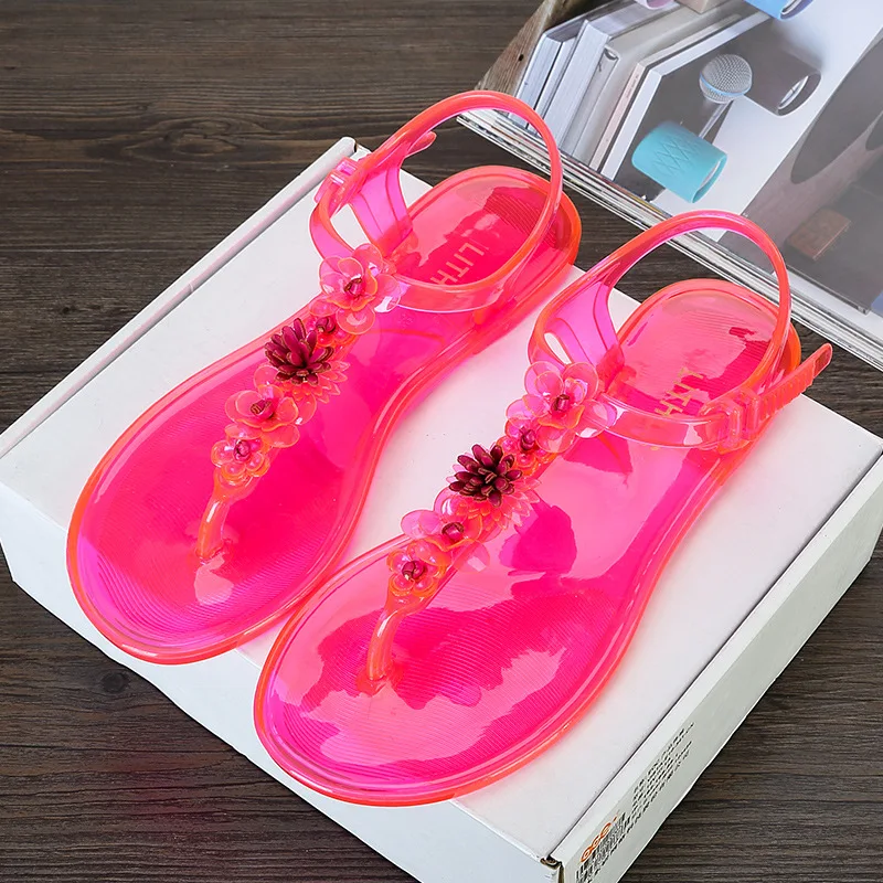 Handmade Flower Plastic Fashion Sandals for Women Summer T-shaped Buckle Anti Slip Holiday Beach Slippers, Flip Flops