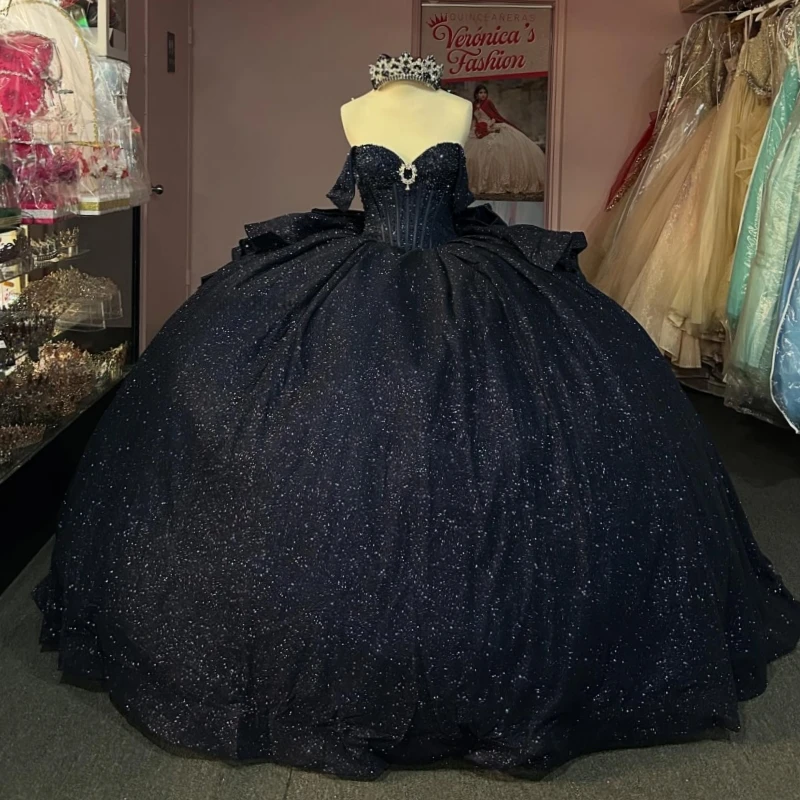 

Черное блестящее платье принцессы Sweet 16, платье Quinceanera, платья с блестками и бусинами, бант, корсет, вечерние, день рождения, Vestido De 15 Anos Ball