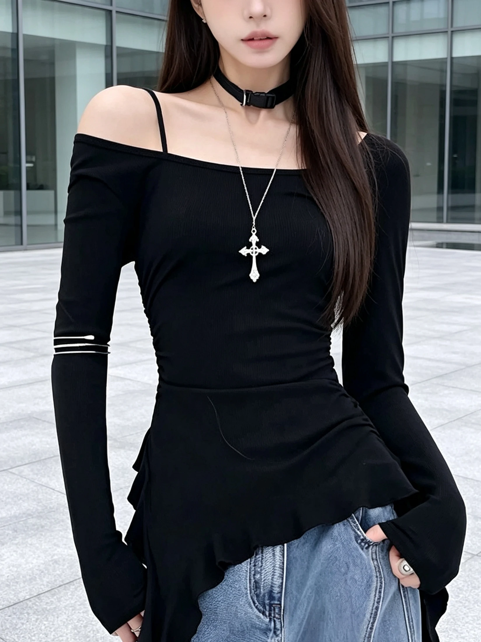 Slim Fit Long Sleeve T-Shirt Women's Design Sensation Small Audience Waist Inward Folding Design Flounce Hem Inner Wear Top