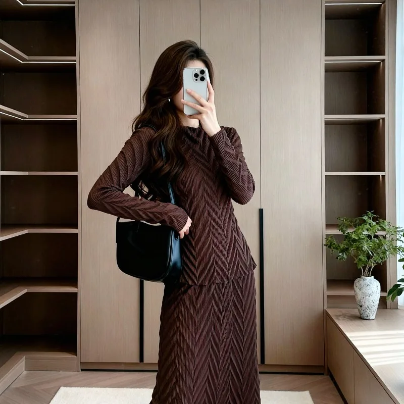 Miyake Faltenrock-Anzug, Plisse 2026, neue Mode, plissiert, zweiteilig, Frühling und Herbst, Temperament, langärmelig, schlanker, dünner Faltenanzug