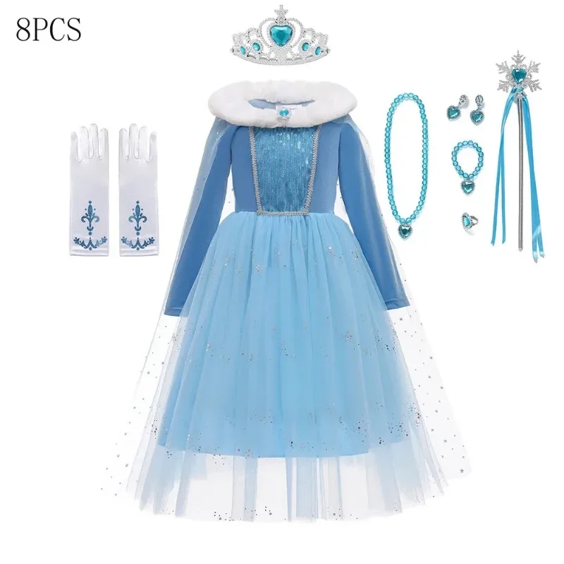 2024 Nieuwe Frozen 2 Elsa Kostuum Voor Meisje Bontkraag Pailletten Prinsessenjurk Fancy Birthday Party Dress Up Vestido Carnaval