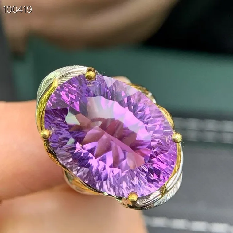 Natural Amethyst Ring, S925 Silver Two-tone Craft, 16*22mm Oval Main Stone, Adjustable Size, Handmade Gemstone Jewelry