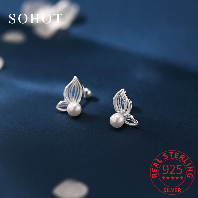 

Real 925 Sterling Silver Pearl Butterfly Minimalist Stud Earrings for Elegant Women Trendy Fine Jewelry Screw Bead Accessories