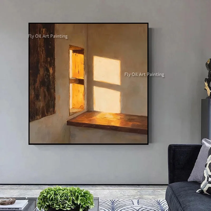 Handpainted Original Palette Knife Oil Art, Heavy Textured Room Sunlight Shadow Artwork, Thick Paint Canvas Wall Decoration