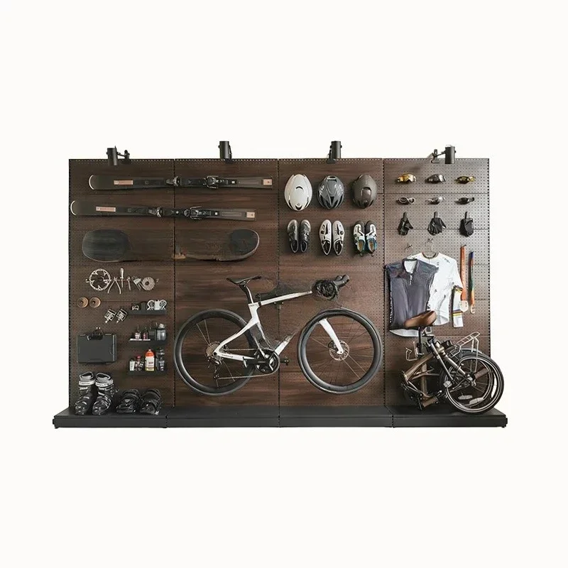 Hole board Outdoor cycling equipment wall Bicycle walnut color wall Storage rack Display wall