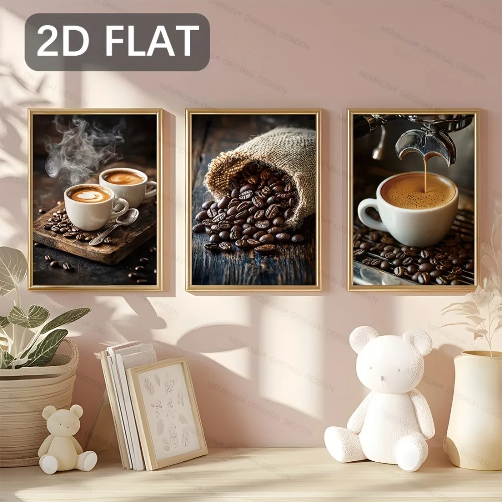 2D Flat,3pcs Frameless Simple Fashion Modern Coffee Photo Canvas Printing,Artistic Modern Aesthetic Decor,for Living Room Decor