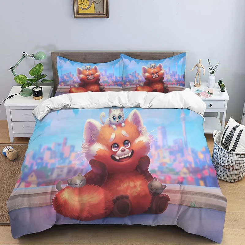 Disney Cartoon Turning Red Print Three Piece Bedding Set Cover Set With Pillowcase Children or Adults King Queen Full Twin Size