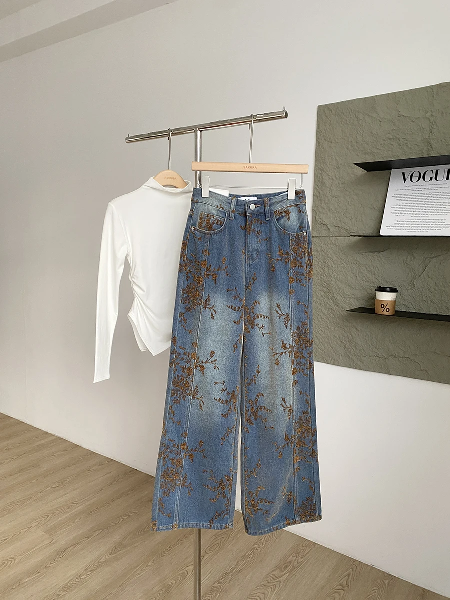 

Retro High Waist Floral Embroidery Jeans Women's Versatile Straight Leg Long Pants Autumn Wear Comfortable Loose Fit No Stretch