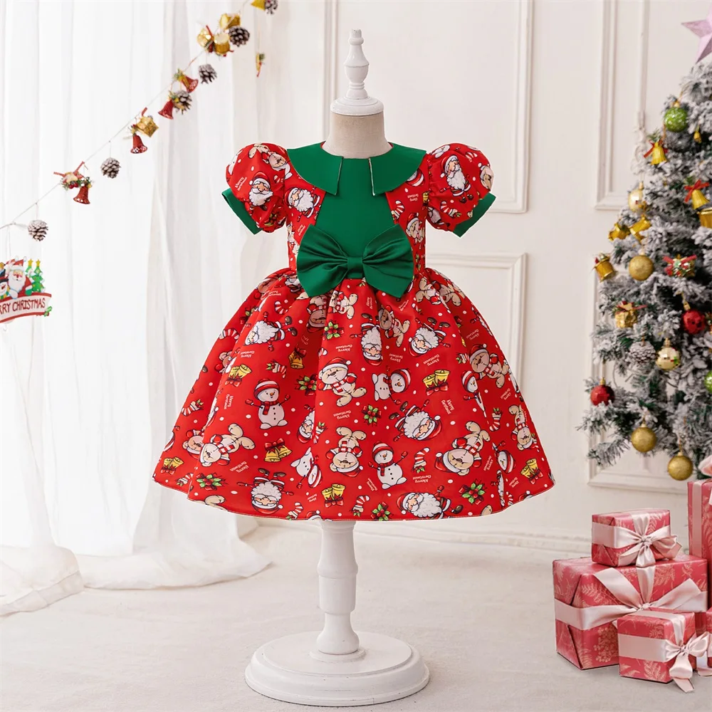 Active Girls Red Big Bow Fluffy Christmas Party Dress Kids Santa Claus Princess Gown Girl Christmas Carnival Costume Festival