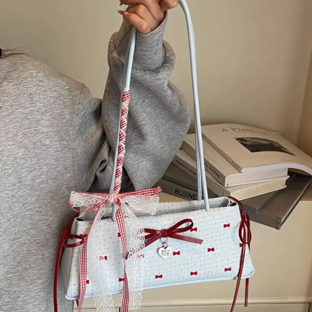 

Sweet French Stick Handbag Korean Style Ribbon Y2K Underarm Bag PU Leather Handle Solid Color Bow Lace Shoulder Bag School