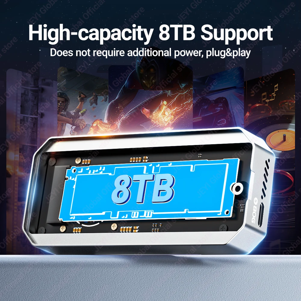 JEYI Thunderbolt 5 M.2 2280 NVMe SSD Enclosure-JHL9480 Chip 80Gb/s Bidirectional Built-in Smart Fan Aluminum Heatsink 8TB Max