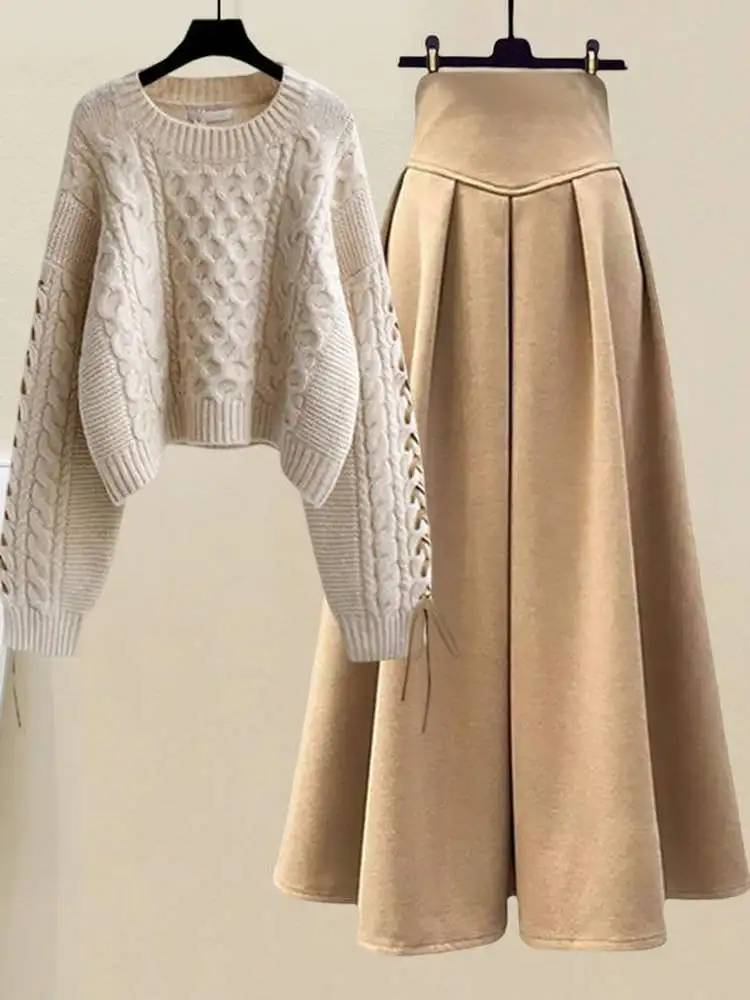 Automne 2025 paresseux Sle doux minceur tricoté pull femmes taille haute f jupe deux pièces ensemble Faionable tenue décontracté