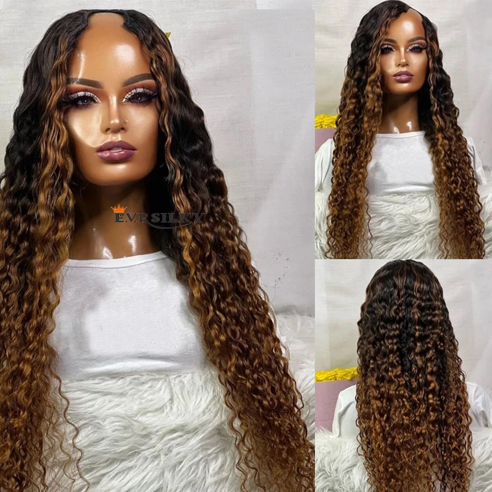 

Long 30 Inch Deep Curly Highlight Brown Blonde Deep Wave Remy Human Hair Half Wigs Full Machine Made 1x4 Middle V Part Wig