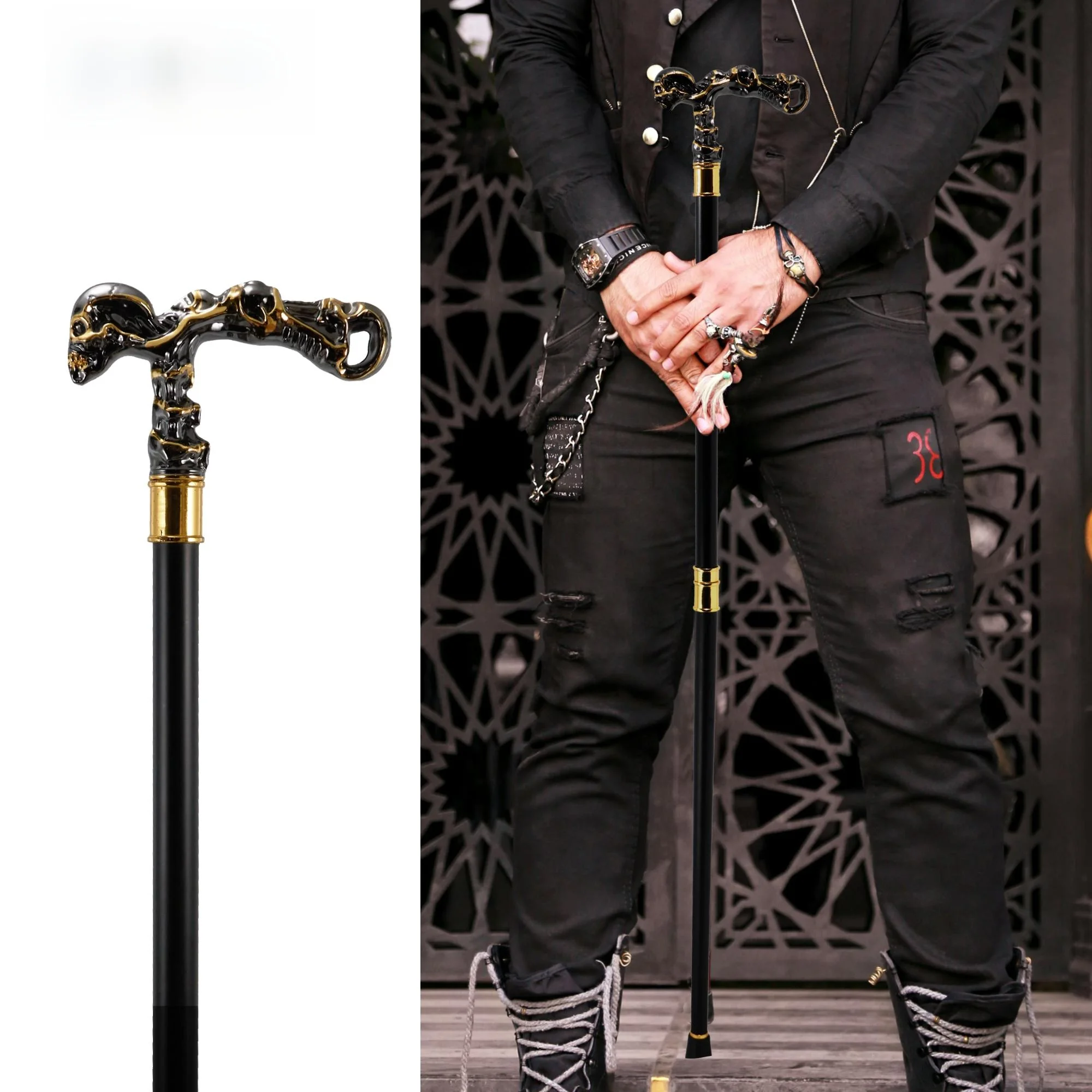 

Sirish Black Gold Skeleton Metal British Retro Lady Stage Props Cane for Comic Conventions And Cosplay Accessories