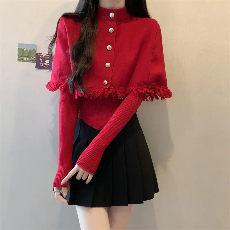 Irregular Knitted Two-piece Set Autumn Winter New Solid Slim Korean Tassel Patchwork Sweater Fashion Vintage Trend Women Clothes