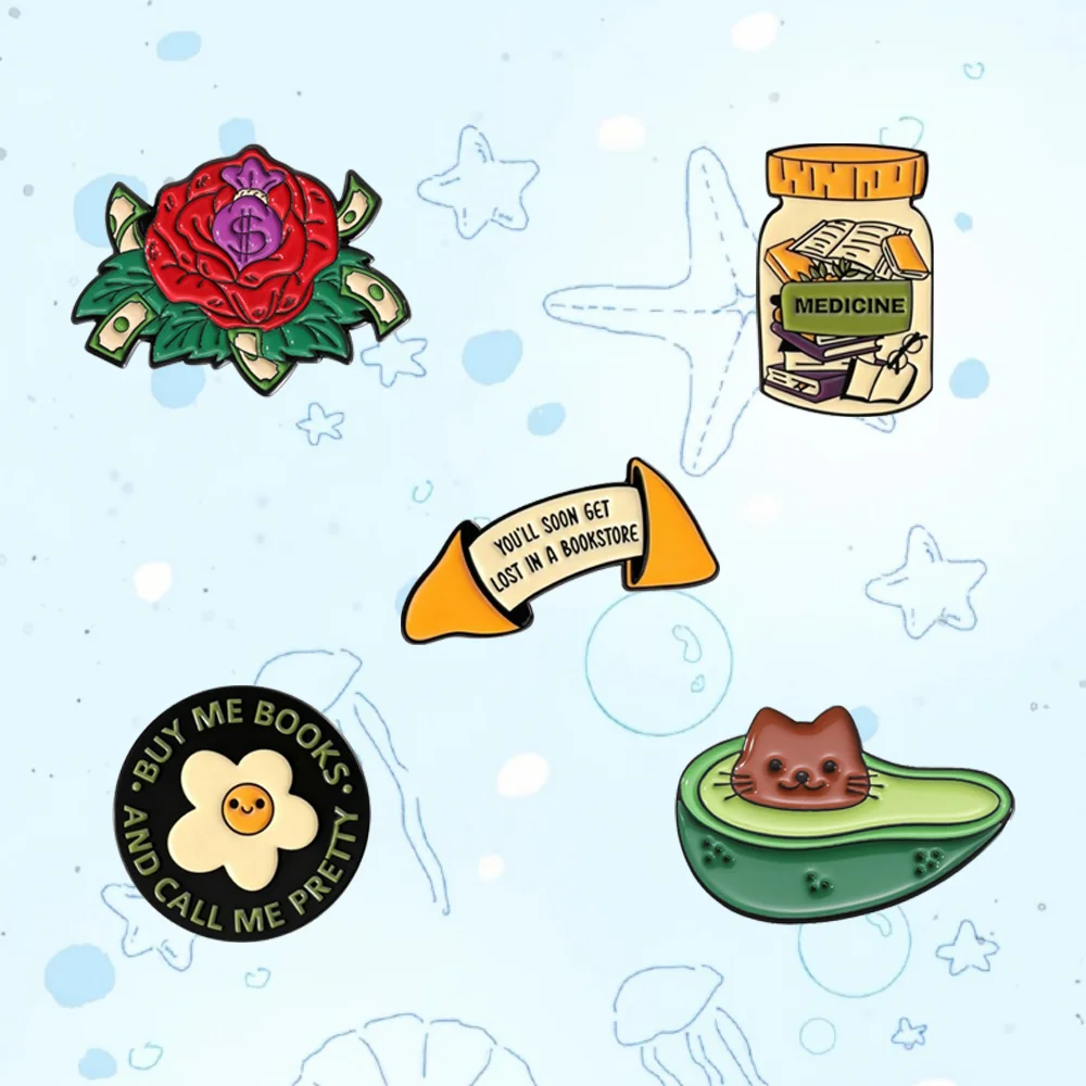 Trendy Humor Enamel Pins Set Money Rose Brooch Book Lover Banner Badge Avocado Cat Pin Buy Me Books Flower For Backpack Clothing