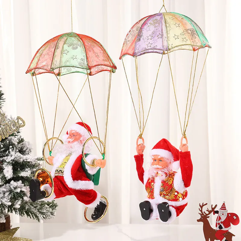 Christmas Parachute Santa Claus Statue Somersault With Electric Music Christmas Santa Desktop Decoration Handicraft Figurine Gif