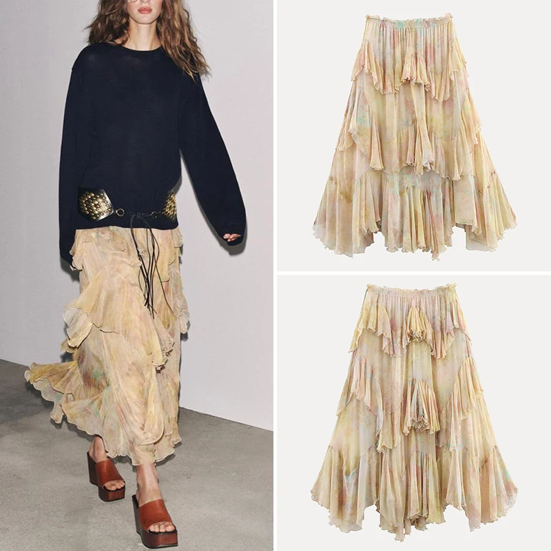 

2025 Summer New Women's Faion Layered Decoration Printed f Skirt High Waist Cake Skirt Polyester Fiber Loose Fit Midi Skirt