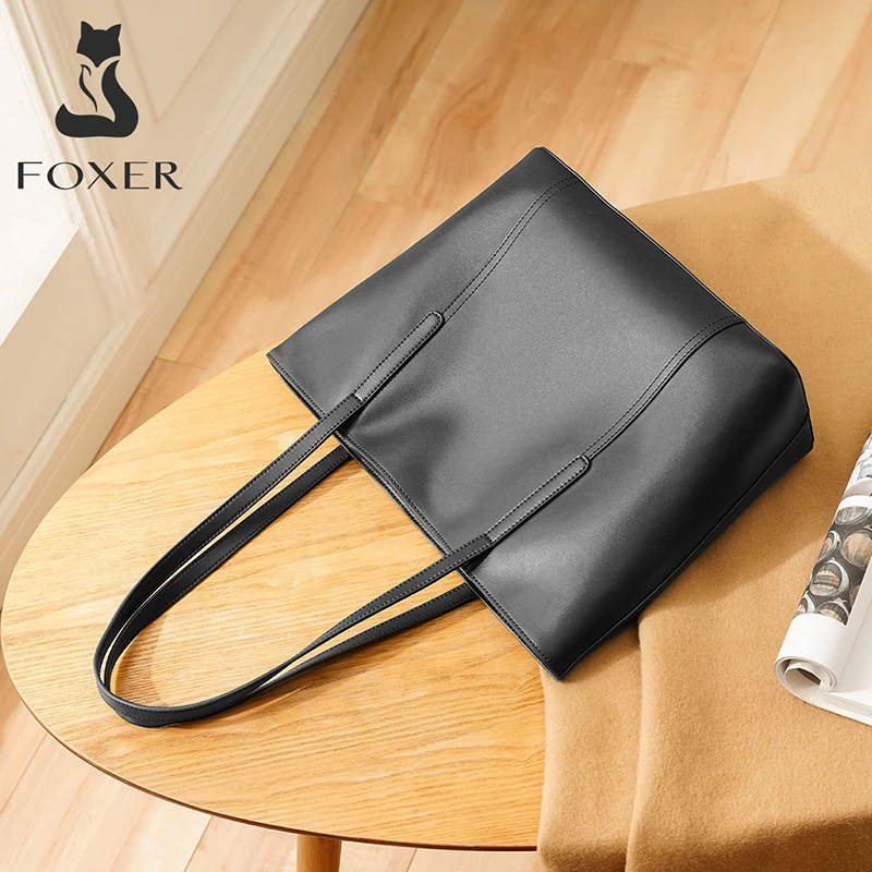 Tas Tangan FOXER Tas Kantor Tote Komuter Wanita Tas Tangan Atas Kapasitas Besar Kulit Split Tas Komposit Serbaguna Fashion Wanita
