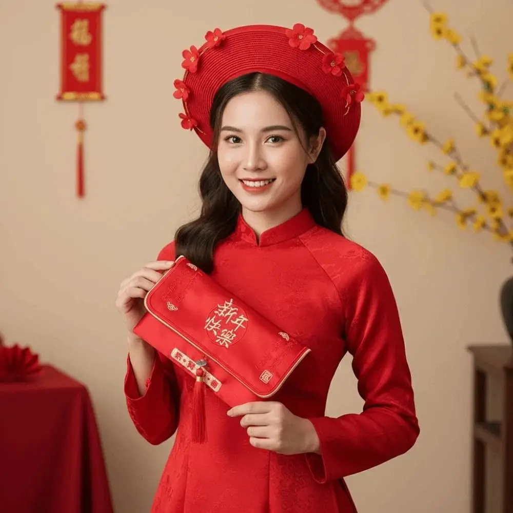 

Traditional Chinese New Year Red Wallet Embroidered Polyester Children's Money Bag Hongbao Blessing God of Wealth Red Pocket