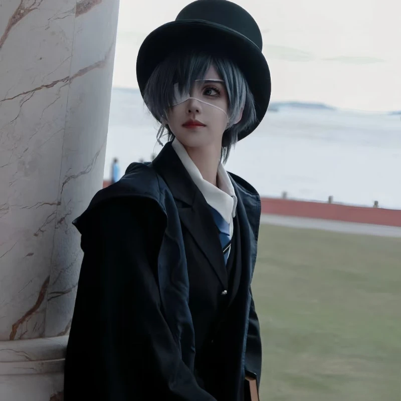 أنيمي الأسود بتلر Ciel Phantomhive تأثيري حلي شعر مستعار زي مدرسي أسود طويل دعوى هالوين موافرات الحفلات دور الزي