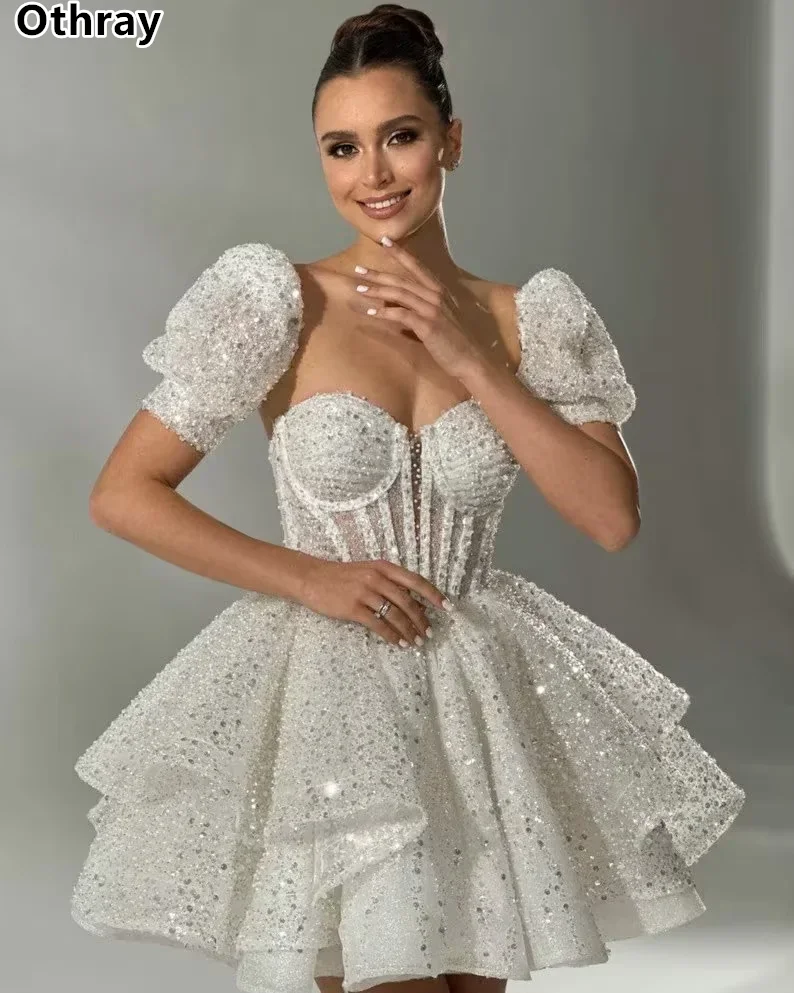 Othray Luxury Short Wedding Dress Sweetheart A-Line Mini Prom Gowns Sequins Beaded Exposed Boning Bride Formal Party Dress 2024