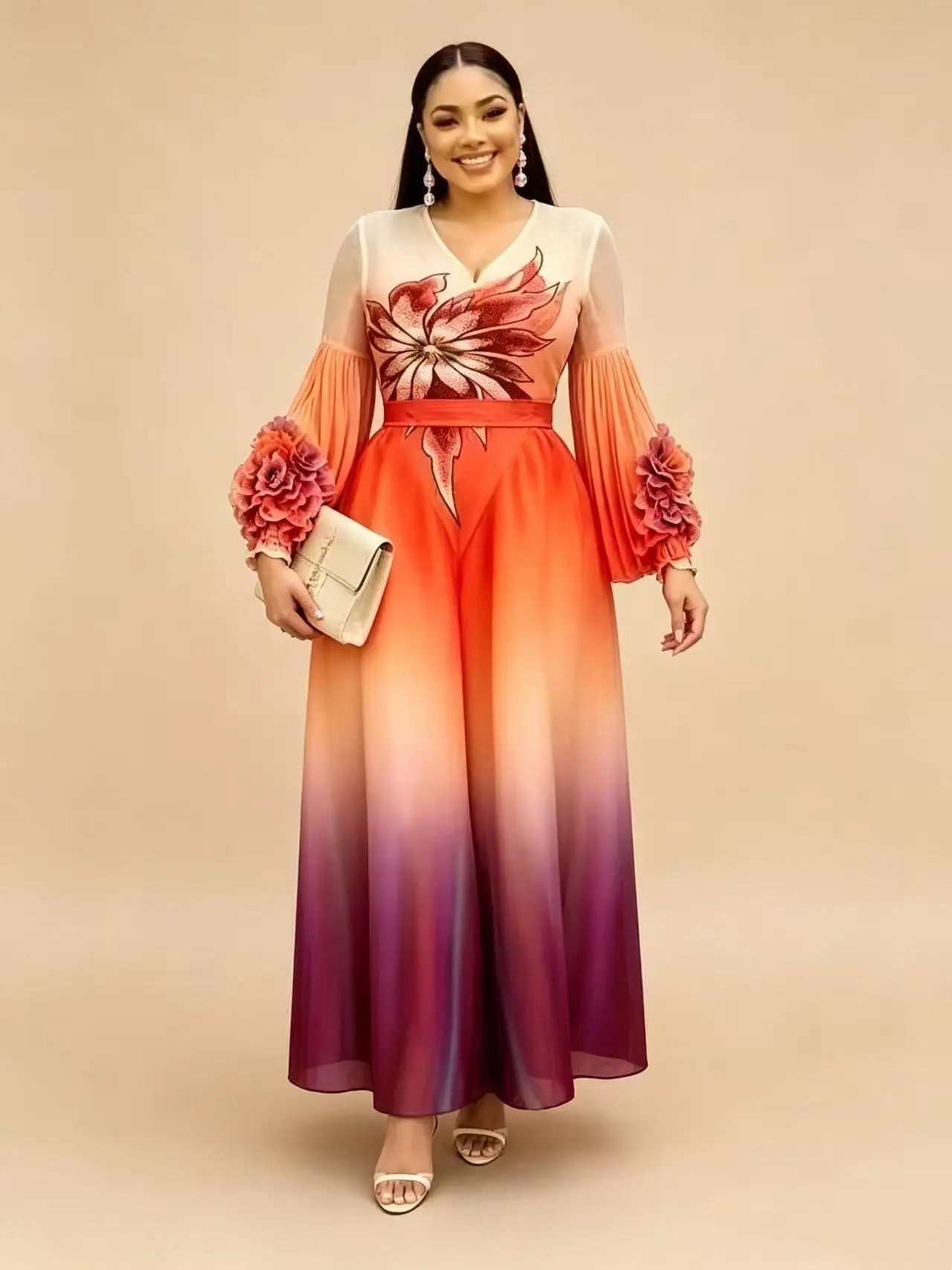 2026 Miyake New African Gradual Change Color Printing Long Sleeve Embroidered Pleated Dress Women's Loose Long Dress