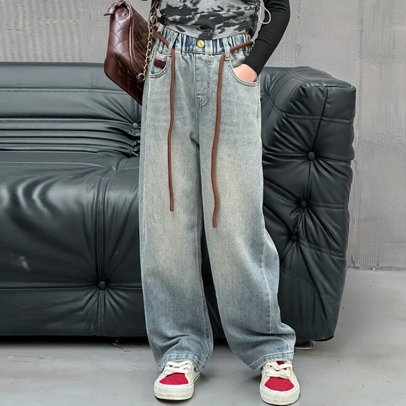 "Girls' Embroidered Letter Palazzo Jeans - Spring/Autumn Season, Loose and Casual Long Pants for Kids"