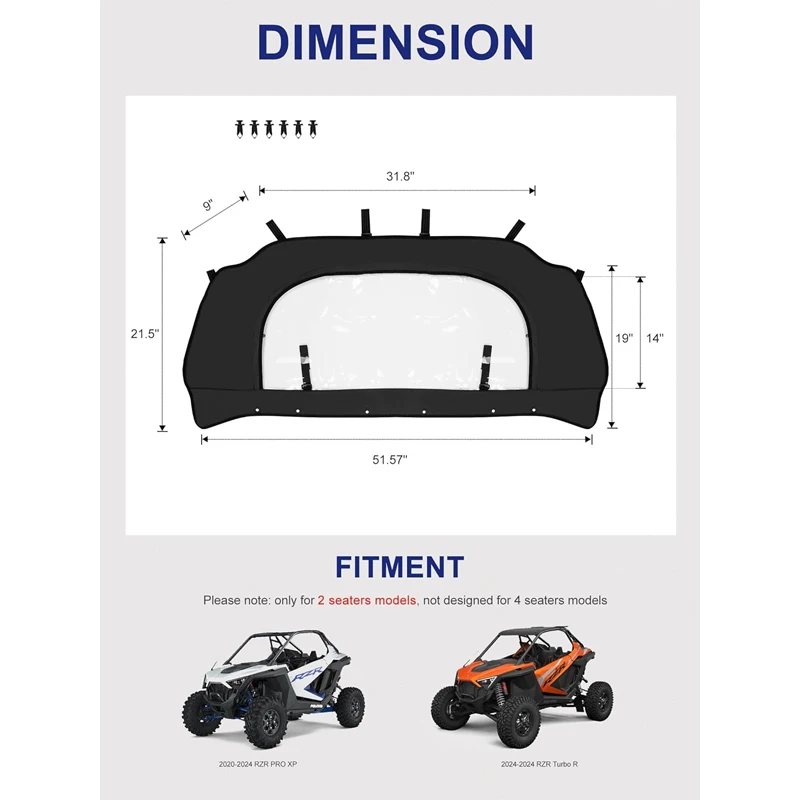 

UTV Black Rear Soft Windshield Compatible with Polaris RZR PRO XP /RZR Turbo R 2020-2023 2024 Dustproof Rear Window