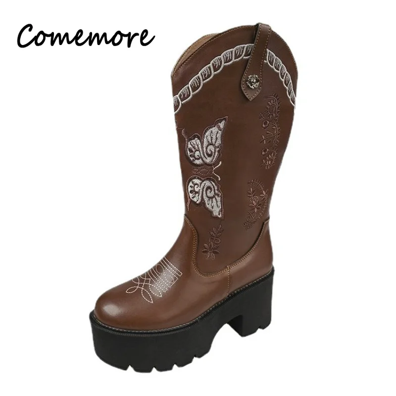 Comemore Western Knight Cowboy Boots Retro Butterfly Embroidered British Style Women Shoes Thick  Platform High Heel Booties
