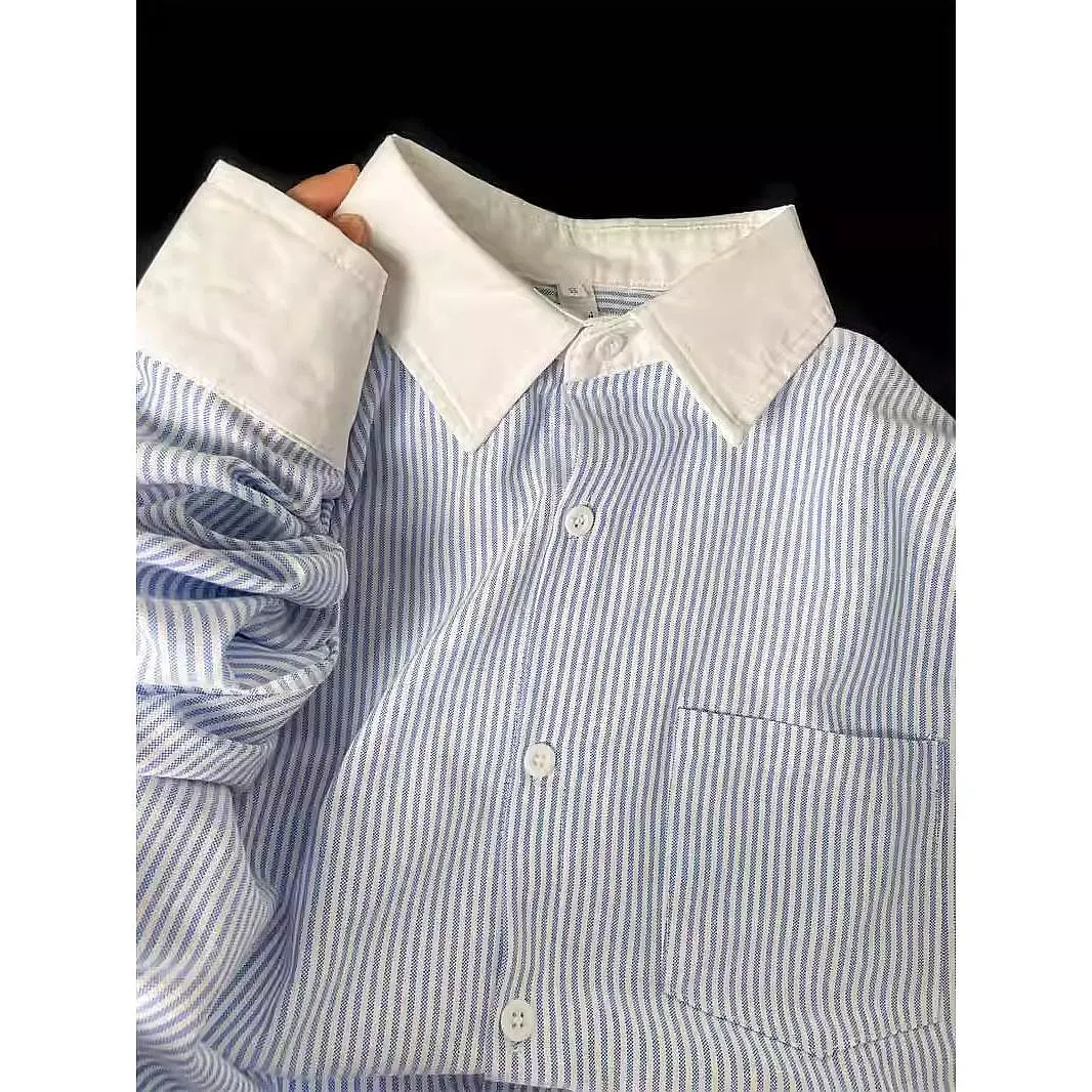 

Blue Striped Long Sleeved Shirt With Women's Design Sense, Color Blocked Patchwork Top, Spring New Style Temperament Shirt