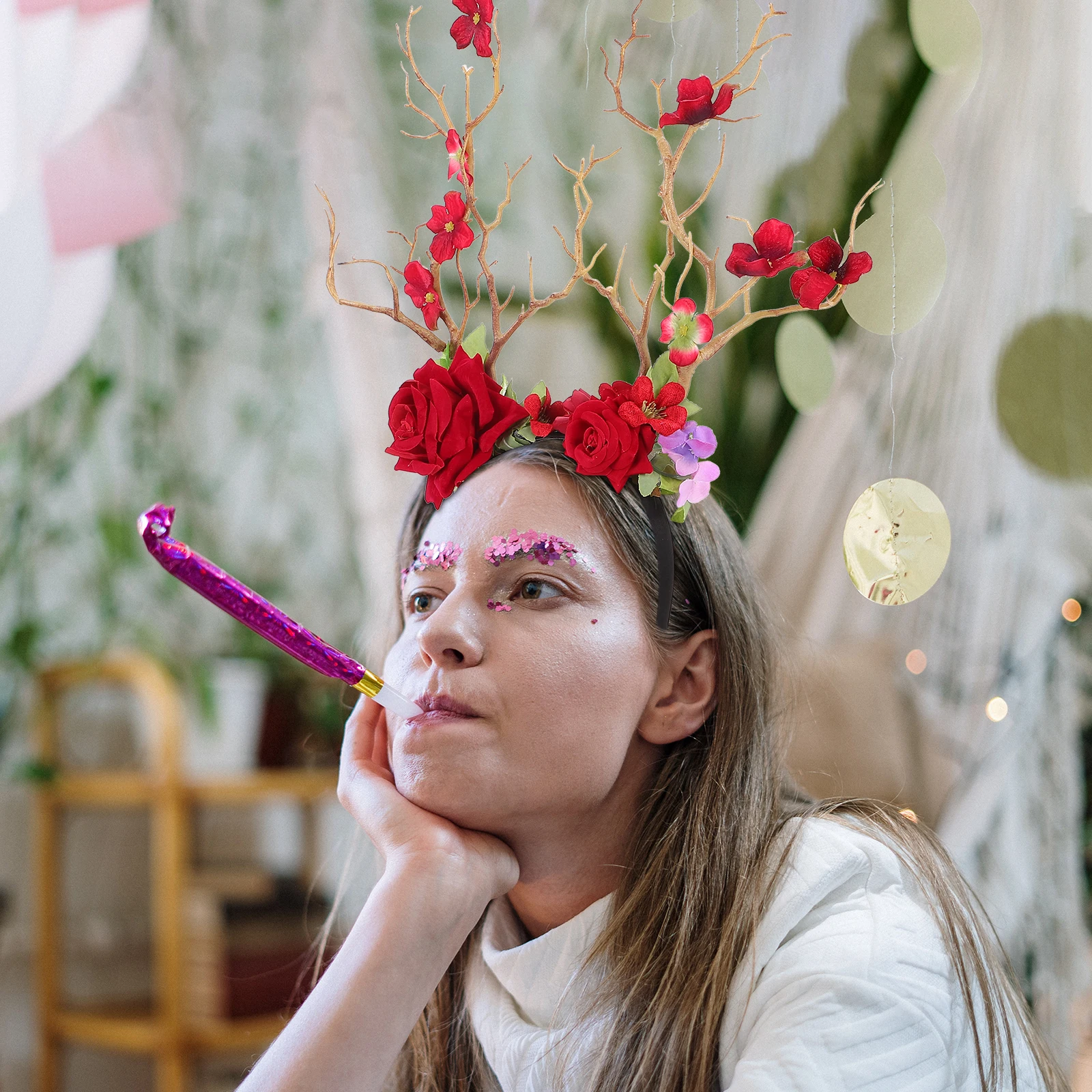 

Big Antler Deer Horn Flower Headb Lightweight Comfortable Festival Party Headdress Carnival Costume Prop Red Unique Design