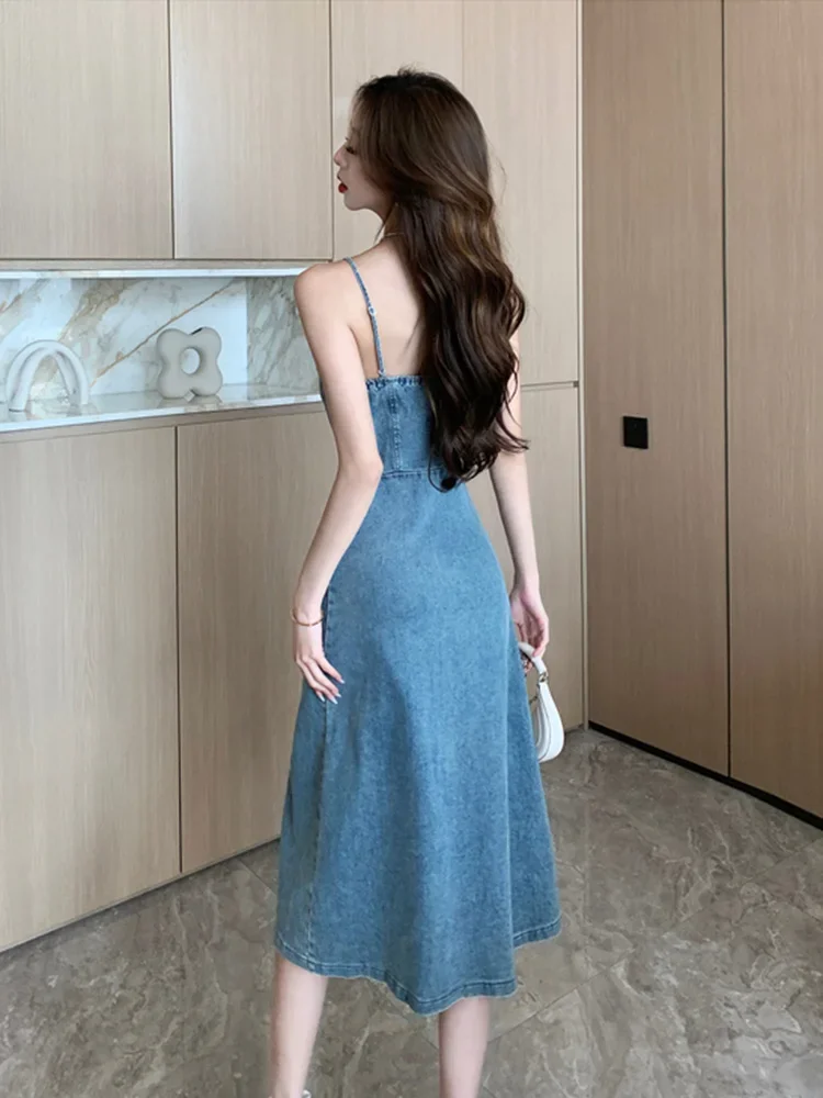 New Summer Women Slim Backless A-line Denim Slip Dress High Waist Mid Skirt Retro Sexy Club Jean Dresses Y2K Fashion Style