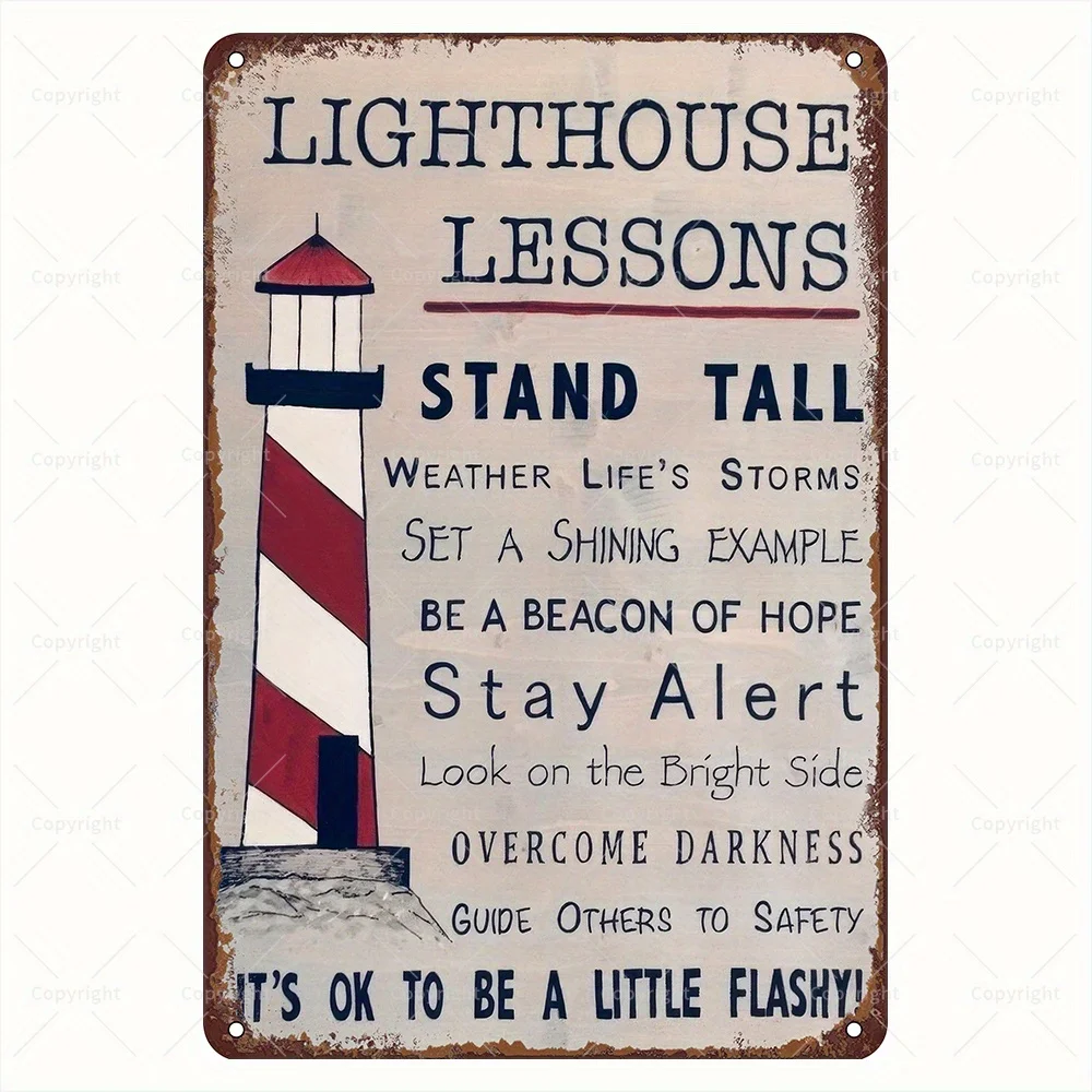Coastal-Inspired  Lighthouse Lesson Sign - Weatherproof Metal Wall Art with Pre-Drilled Holes - for Home, Office, and Seaside Vi