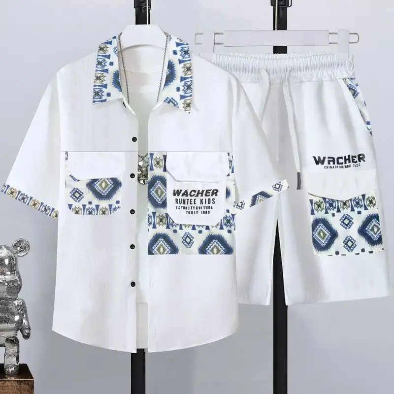 

Premium Men's Short Sleeve Shirt Cargo Shorts Set Summer 2 Piece Outfit with Functional Pockets Breathable Fabric for Outdoor