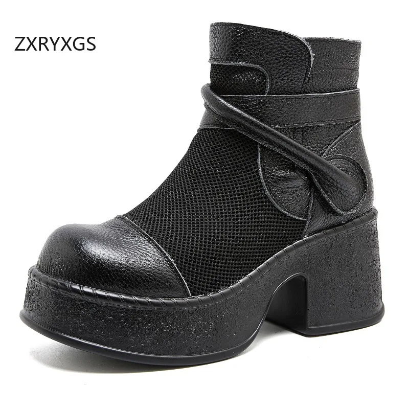 

ZXRYXGS/2026, женские ботинки из воловьей кожи с круглым носком и толстой подошвой, ботинки на высоком каблуке, модные дышащие ботинки