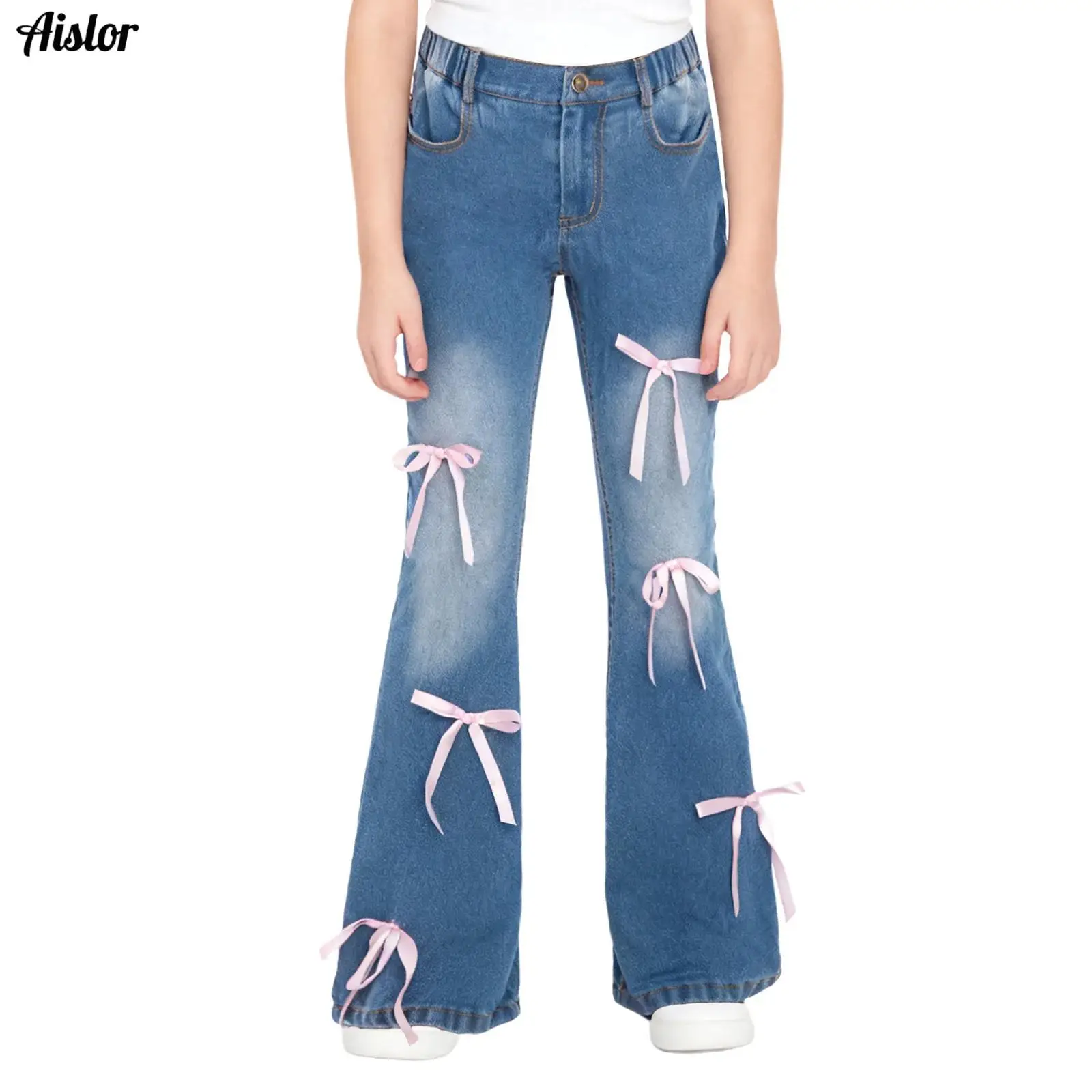 

Kids Girls Wide Leg Cargo Jeans Flared Jeans Pants Spring Autumn Cute Bows Elastic Waist Bell-Bottom Denim Pants with Pockets