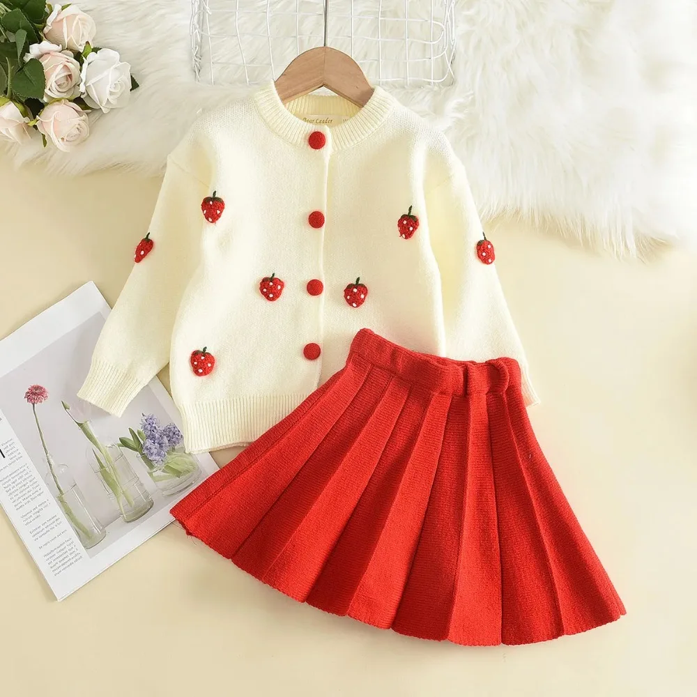 Autumn Winter Knitted Sweater College Style Kids Clothes Girls 3D Strawberry Grape Decoration Cardigan+Short Skirt Girl Outfits