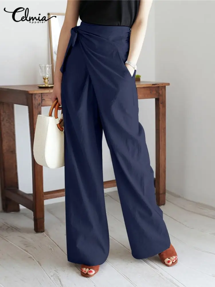 2023 Women\'s Pants Linen Wide-leg Long Trousers High Waist Pant Celmia Vintage Cotton Casual Office Lady Elegant Solid Pantalon