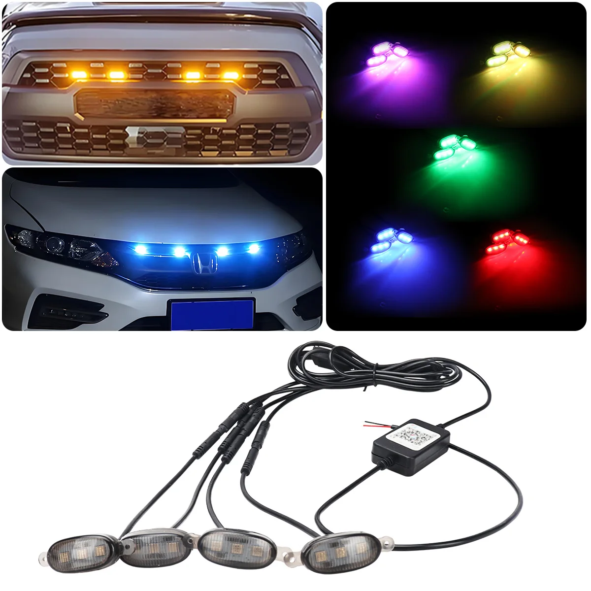 4Pcs/Set Car LED Front Grille Light RGB APP Control DRL Daytime Running Light Warning Indicator for Vehicles Off Road Trunk SUV